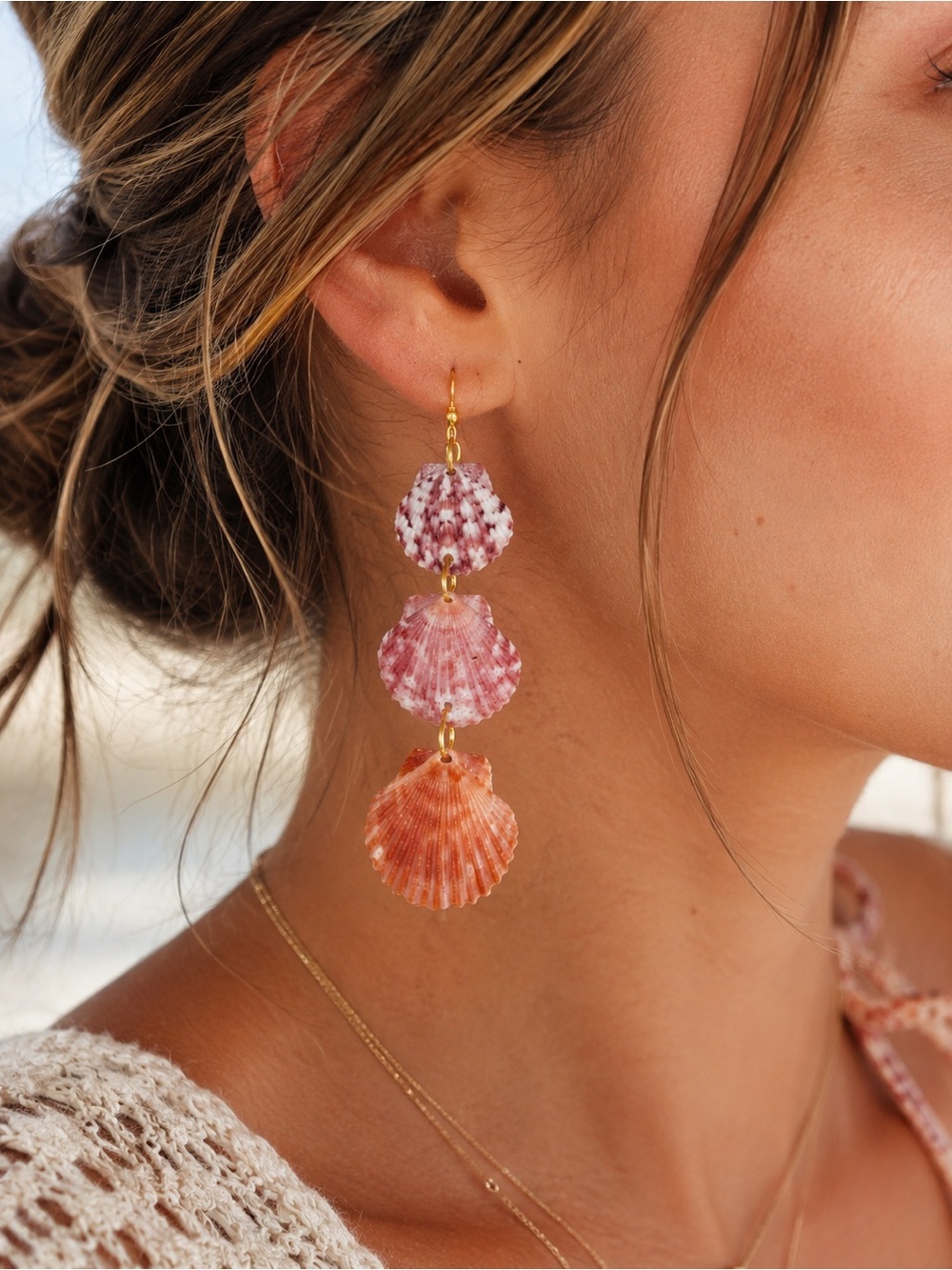 Handmade 3-tier Calico Scallop Shell Drop Earrings | The Saltwater Siren